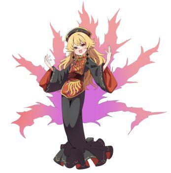 Rule 34 | 1girl, baba (baba seimaijo), black dress, black hat, blonde hair, blush, chinese clothes, commentary request, dalachi (headdress), dress, energy tail, fox tail, full body, hat, highres, junko (touhou), long hair, long sleeves, looking at viewer, multiple tails, neck ribbon, phoenix print, red eyes, red tabard, ribbon, simple background, smile, solo, tabard, tail, touhou, very long hair, white background, wide sleeves, yellow ribbon