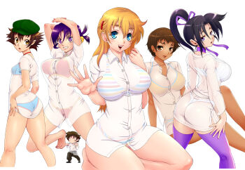 1boy 5girls arms_up ass bell bikini bikini_under_clothes blonde_hair blue_bikini blue_eyes braid breasts brown_eyes brown_hair butt_crack chest_sarashi cleavage collared_shirt commentary_request dark-skinned_female dark_skin dougi fundoshi fuurinji_miu green_hat grin hair_bell hair_between_eyes hair_ornament hair_ribbon hairclip hat high_ponytail highres japanese_clothes jingle_bell kousaka_shigure kugatachi_kaname large_breasts long_hair long_sleeves looking_at_viewer looking_back ma_renka matsuena_shun mole mole_under_eye multiple_girls nanjou_kisara official_art open_mouth orange_bikini pants ponytail purple_eyes purple_hair purple_ribbon purple_thighhighs red_bikini ribbon sarashi see-through_clothes see-through_shirt seiza shijou_saikyou_no_deshi_ken'ichi shirahama_ken'ichi shirt short_hair simple_background sitting slit_pupils small_breasts smile striped_bikini striped_clothes swimsuit thick_thighs thighhighs thighs white_background white_shirt wide_hips