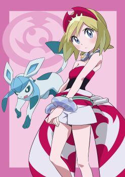 1girl armband blonde_hair blue_eyes breasts cowboy_shot gen_4_pokemon glaceon highres irida_(pokemon) jewelry medium_breasts neck_ring nintendo pink_background pokemon pokemon_(creature) pokemon_legends:_arceus red_headwear short_hair shorts tank_top white_shorts yusuke_oshida