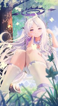 1girl absurdres ahoge alternate_costume blue_archive blush closed_mouth demon_girl demon_horns double-parted_bangs from_below hand_on_own_cheek hand_on_own_face highres hina_(blue_archive) horns long_hair looking_at_viewer lyre_(otsulyre) neckerchief on_swing purple_eyes purple_sailor_collar purple_shoes red_neckerchief sailor_collar shirt shoes short_sleeves sidelocks sitting skirt smile socks solo swing white_hair white_shirt white_skirt white_socks