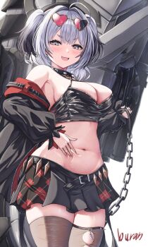 1girl :d azur_lane bare_shoulders black_hair black_skirt blush breasts buran_(22x) choker cleavage clothes_pull crop_top fangs from_below gradient_hair groin hair_between_eyes hand_on_own_stomach hand_up heart heart-shaped_eyewear highres hip_focus jacket jacket_pull looking_at_viewer looking_down medium_breasts medium_hair miniskirt multicolored_hair navel open_clothes open_jacket open_mouth pleated_skirt purple_eyes rigging skirt smile smug solo spiked_choker spikes stomach thighhighs thighs torn_clothes torn_thighhighs white_hair z13_(azur_lane)