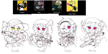 4girls absurdres bat_wings character_name closed_mouth commentary dual_wielding fancy_pants_adventure fancy_pants_man fangs flandre_scarlet green_eyes gun hairband hank_j._wimbleton hat hat_ribbon heart highres holding holding_gun holding_knife holding_weapon knife komeiji_koishi komeiji_satori looking_at_viewer madness_combat multiple_girls newgrounds one_eye_closed partially_colored pink_eyes rampa93 remilia_scarlet ribbon salad_fingers salad_fingers_(series) short_hair skin_fangs tankman_(newgrounds) tankmen tongue tongue_out touhou weapon wings