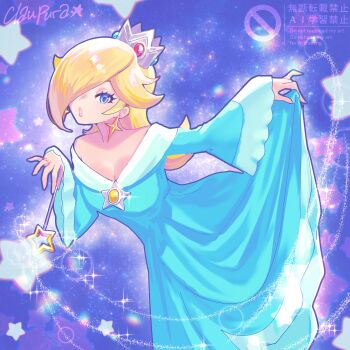 1girl :o absurdres artist_name blonde_hair blue_dress blue_eyes brooch crown dress earrings eyelashes hair_over_one_eye highres holding holding_wand jewelry long_hair long_sleeves looking_at_viewer mario_(series) nintendo norishiitsu off-shoulder_dress off_shoulder open_mouth rosalina skirt_hold solo space star_(symbol) star_brooch star_earrings super_mario_galaxy wand