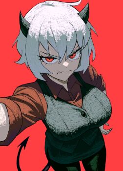 1girl black_horns black_nails black_tail black_vest bracelet breasts dated demon_girl demon_horns demon_tail hand_on_own_hip helltaker horns jewelry large_breasts malina_(helltaker) medium_breasts red_background red_eyes red_shirt shaded_face shirt simple_background tail twitter_username upper_body vest wavy_mouth white_hair zeon_(zzeeonn)
