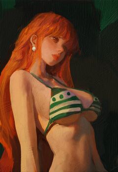 1girl absurdres bare_arms bare_shoulders bra breasts daodtt dark_background earrings green_background green_bra hashtag-only_commentary highres jewelry large_breasts long_hair midriff nami_(one_piece) navel one_piece orange_eyes orange_hair painterly parted_lips solo standing stomach striped_bra striped_clothes underboob underwear upper_body very_long_hair