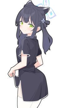 Rule 34 | 1girl, absurdres, acalephea, animal ears, black hair, blue archive, blue halo, breasts, china dress, chinese clothes, dress, extra ears, flower, from behind, green eyes, hair flower, hair ornament, halo, highres, looking at viewer, looking back, shun (blue archive), shun (small) (blue archive), skirt hold, small breasts, smile, solo, thighhighs, white thighhighs