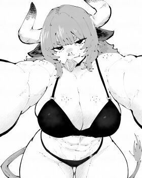 1girl abs absurdres animal_ears body_freckles bra breast_freckles breasts cleavage condom condom_in_mouth condom_wrapper cow_ears cow_girl cow_horns cow_tail cowboy_shot face_piercing freckles greyscale highres horns kabedon_on_viewer large_breasts looking_at_viewer medium_hair miregeist monochrome mouth_hold nose_piercing nose_ring original panties piercing seductive_smile short_eyebrows shoulder_freckles simple_background smile solo tail underwear white_background