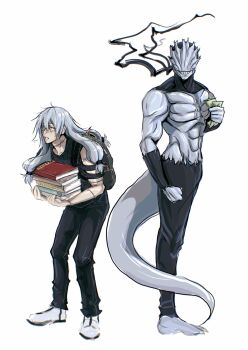 2boys abs alternate_form armor artist_name backpack bag banknote blue_hair bondustries book book_stack carrying clothing_cutout don't_worry_baby_he's_just_a_nerd_(meme) full_body grin heterochromia highres holding holding_money jujutsu_kaisen long_hair low-tied_long_hair mahito_(instant_spirit_body_of_distorted_killing)_(jujutsu_kaisen) mahito_(jujutsu_kaisen) male_focus meme messy_hair money multiple_boys no_eyes pants severed_finger shoes shoulder_cutout simple_background smile standing stitched_arm stitched_face stitched_neck stitches tail tendril transfigured_human_(jujutsu_kaisen) white_background white_shoes