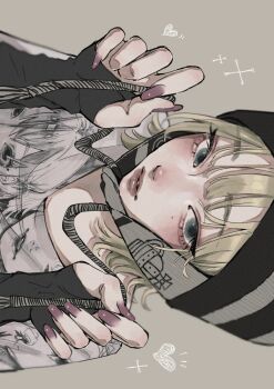 1girl arms_up beanie black_bridal_gauntlets blonde_hair blue_eyes blurry bridal_gauntlets depth_of_field double-parted_bangs earflap_beanie film_grain fingernails grey_background hat highres long_fingernails looking_to_the_side mole mole_under_eye nail_polish original oversized_clothes oversized_shirt parted_lips portrait print_shirt purple_nails shirt striped_clothes striped_headwear t-shirt tamori_(tamori_www) vivienne_westwood white_shirt wolf_cut