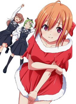 22/7 3girls :d ^_^ absurdres ahoge arm_up belt belt_buckle black_belt black_dress black_shoes black_socks blush bow bow_hairband brown_eyes brown_hair buckle closed_eyes closed_mouth collarbone dress dress_tug dutch_angle fur-trimmed_dress fur_trim green_hair hair_between_eyes hair_bow hair_ornament hairband hairclip hand_on_own_forehead hand_on_own_hip high_ponytail highres himuro_mizuki igashiko keisanchuu_new_costume kiryu_touko kneehighs loafers long_hair long_sleeves looking_at_viewer multicolored_hair multiple_girls neck_ribbon open_mouth orange_hair parted_bangs pinafore_dress pink_hair ponytail red_bow red_dress ribbon santa_costume santa_dress sera_honoka shirt shoes short_dress short_hair short_sleeves shy simple_background sleeveless sleeveless_dress smile socks solo_focus standing standing_on_one_leg streaked_hair two-tone_bow two-tone_hair two_side_up white_background white_ribbon white_shirt