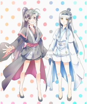 2boys adapted_costume age_regression aged_down ahoge androgynous bare_legs black_hair black_hanfu black_shoes black_shorts blush chinese_clothes commentary_request full_body grin hanfu headband high_ponytail holding_hands lan_wangji long_hair long_sleeves looking_at_viewer male_focus modao_zushi multiple_boys outstretched_hand parted_lips polka_dot polka_dot_background ponytail red_eyes red_sash robe sash shoes shorts sidelocks sleeves_past_wrists smile standing sunmoon9994 topknot twitter_username very_long_hair watermark wei_wuxian white_hanfu white_headband white_sash white_shorts wide_sleeves yaoi yaopei yellow_eyes
