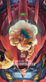 1boy 1girl age_difference anniversary ass bindi blonde_hair boots char's_counterattack char_aznable character_name commentary_request copyright_name couple dark_skin english_text ghost gundam helmet highres hug lalah_sune machinery mecha mecha_pilot_suit mobile_suit neo_zeon normal_suit_(gundam) robot sazabi science_fiction size_difference space_helmet title tunic two9one variant_set zero_gravity