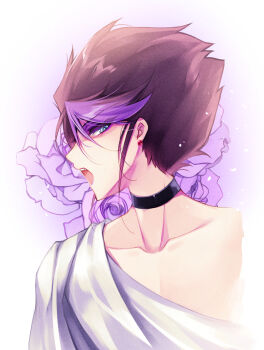1boy black_choker black_hair choker choujuu_kishin_dancouga collarbone dancouga_(series) flower hair_behind_ear highres looking_at_viewer male_focus multicolored_hair off_shoulder purple_flower purple_hair shapiro shapiro_keats solo streaked_hair toga