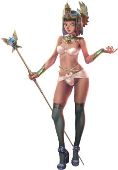 1girl ancient_egyptian_clothes artist_request bare_arms black_bow black_hair bow bra breasts cleavage crystal_maiden_(series) full_body game_cg green_eyes groin high_heels holding holding_staff kebi_(crystal_maidens) nail_polish navel official_art solo staff transparent_background underwear usekh_collar variant_set white_bra