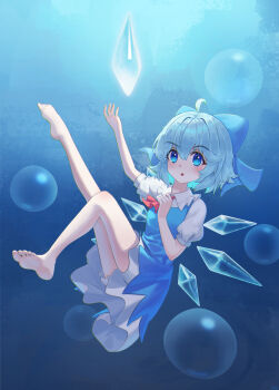 Rule 34 | 1girl, absurdres, ahoge, barefoot, bloomers, blue bow, blue dress, blue eyes, blue hair, bow, cirno, collared shirt, commentary, detached wings, dress, frilled shirt collar, frills, hair bow, highres, ice, ice wings, looking at viewer, open mouth, pinafore dress, puffy short sleeves, puffy sleeves, shirt, short sleeves, sleeveless, sleeveless dress, solo, toes, toorooo, touhou, underwear, white bloomers, white shirt, wings
