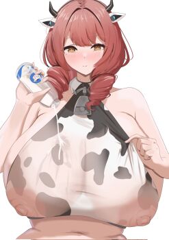 1girl animal_ears animal_print azur_lane blush bottle breasts brown_eyes covered_erect_nipples cow_print cow_print_shirt cowbell cowpens_(azur_lane) cowpens_(milky_ministrations)_(azur_lane) crop_top drill_hair hair_over_shoulder holding holding_bottle horns huge_breasts medium_hair milk milk_bottle mole mole_under_eye navel neck_bell pouring pouring_onto_self red_hair riflech see-through_clothes shirt sideless_shirt sleeveless sleeveless_shirt smile solo white_background