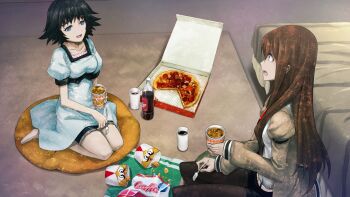 2girls aqua_eyes arm_belt bed bedroom bedside belt black_bow black_hair black_pantyhose black_sash black_shorts black_trim blue_dress blue_eyes bow breasts brown_hair brown_jacket carpet chest_bow chicken_(food) chips_(food) collar collarbone collared_shirt constricted_pupils cup cup_ramen disposable_cup dr_pepper dress eating eyelashes food fork fried_chicken frilled_collar frills game_cg hair_between_eyes hair_over_shoulder highres holding holding_cup holding_fork huke indoors instant_ramen jacket jacket_partially_removed kneeling leather_belt looking_at_another makise_kurisu medium_hair multiple_girls narrowed_eyes necktie non-web_source noodles official_art on_pillow open_mouth pantyhose pepperoni pepperoni_pizza pink_frills pizza pizza_box puffy_short_sleeves puffy_sleeves purple_eyes ramen red_necktie ringed_eyes sash science_adventure shiina_mayuri shiny_lips shirt short_sleeves shorts shorts_under_dress shorts_under_skirt sitting small_breasts smile smirk smug soda square_pupils steins;gate steins;gate:_linear_bounded_phenogram surprised tareme teasing thick_thighs thighs tongue waist_sash wariza white_belt white_shirt