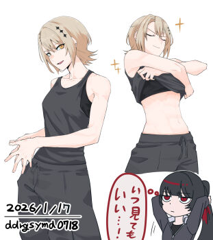 2girls alternate_costume arms_behind_head bare_shoulders black_hair black_pants black_shirt blonde_hair breasts closed_eyes closed_mouth clothes_lift commentary_request dated ddrgsymd0718 hasumi_leia highres long_hair long_sleeves looking_at_viewer mahou_shoujo_no_majo_saiban multiple_girls multiple_views navel nikaido_hiro open_mouth pants ponytail red_eyes shirt shirt_lift short_hair simple_background sleeveless sleeveless_shirt smile sparkle speech_bubble sports_bra thought_bubble translation_request twitter_username white_background yellow_eyes