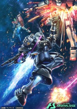 Rule 34 | arm slave (mecha), assault visor, card (medium), commentary request, company name, copyright logo, copyright name, copyright notice, gm (mobile suit), green visor, gun, gundam, gundam arsenal base, gundam ms igloo, hiropon (tasogare no puu), holding, holding gun, holding weapon, logo, machine gun, mecha, mecha focus, mobile suit, no humans, official art, one-eyed, pink eyes, robot, science fiction, space, thrusters, weapon, zeon, zudah