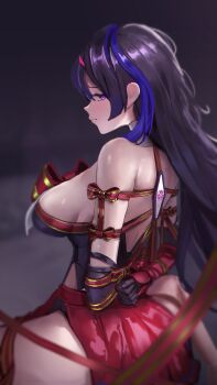 1girl absurdres arms_behind_back bare_shoulders bdsm black_hair black_shirt blue_hair blush bondage bound breast_curtains breasts chaos_zero_nightmare chizuru_(chaos_zero_nightmare) clothing_cutout commentary_request from_side hakama hakama_short_skirt hakama_skirt highres horns japanese_clothes large_breasts liyanlyf multicolored_hair nontraditional_miko one_eye_covered purple_eyes red_hakama restrained shibari shirt sideboob skirt