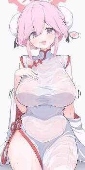 1girl blue_archive blush breasts bun_cover commentary double_bun dress hair_bun halo highres hone_kawa huge_breasts looking_at_viewer medium_hair open_mouth pink_eyes pink_hair pink_halo simple_background smile solo thighs tomoe_(blue_archive) tomoe_(qipao)_(blue_archive) white_background white_dress