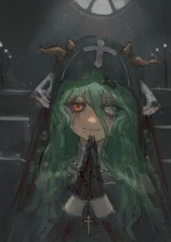 1girl absurdres animal_ears black_dress black_gloves black_sclera candle closed_mouth coffin_hair_ornament colored_sclera cow_ears cow_girl cow_horns crelly crelly_(mold_mother) cross cross-shaped_pupils cross_necklace dress gloves green_hair grey_eyes grey_sclera heterochromia highres horns indie_virtual_youtuber jewelry long_hair makeup mismatched_pupils mismatched_sclera mold mole mole_under_mouth necklace nun_headdress praying red_eyes runny_makeup solo symbol-shaped_pupils virtual_youtuber wairon window