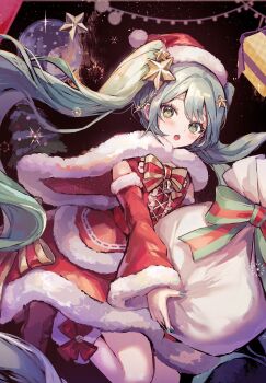 Rule 34 | 1girl, aerial fireworks, aqua hair, bag, bare shoulders, bell, black background, blue nails, blush, boots, bow, box, brown boots, cape, christmas, christmas tree, commentary, detached sleeves, dress, fireworks, floating cape, floating hair, frilled dress, frills, fur-trimmed boots, fur-trimmed cape, fur-trimmed dress, fur-trimmed sleeves, fur trim, gift, gift box, green eyes, green ribbon, hair between eyes, hair ornament, hat, hatsune miku, highres, holding, holding bag, jingle bell, knees, long hair, looking at viewer, parted lips, pipi (pipinavigation), red bow, red cape, red dress, red hat, red ribbon, red sleeves, ribbon, santa costume, santa dress, santa hat, sidelocks, sky, snow globe, snowman, solo, star (sky), star (symbol), star hair ornament, starry sky, string of light bulbs, striped clothes, striped dress, tree, twintails, two-tone bow, two-tone ribbon, untranslatable commentary, very long hair, vocaloid, white bag, wide sleeves, yellow bow