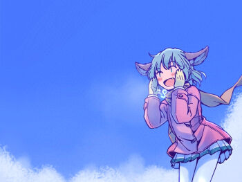 Rule 34 | 1girl, adapted costume, animal ears, blue sky, blush, breath, brown scarf, cloud, commentary, dog ears, english commentary, fang, feet out of frame, floating hair, floating scarf, green eyes, green hair, green trim, hands on own cheeks, hands on own face, jacket, kasodani kyouko, leggings, long sleeves, open mouth, pink jacket, pleated skirt, puffy long sleeves, puffy sleeves, rangycrow, scarf, short hair, shouting, skirt, sky, smile, solo, touhou, white leggings, white skirt, wide shot, winter clothes, | |