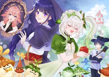 1boy 3girls absurdres animal_ears apple aranara_(genshin_impact) basket black_pants black_shirt blunt_ends bow bow_(weapon) braid breasts closed_eyes closed_mouth commentary_request dress earrings flower food fox_ears fruit genshin_impact green_bow green_hairband green_sleeves grey_shirt hair_between_eyes hair_bow hair_flower hair_ornament hairband highres holding holding_basket holding_food holding_fruit hood hood_up jewelry long_hair long_sleeves mole mole_under_eye multicolored_hair multiple_girls nahida_(genshin_impact) narurin21 open_mouth pants pink_hair pink_nails pointy_ears purple_eyes purple_hair purple_hood raiden_shogun scaramouche_(genshin_impact) shirt side_ponytail smile snow_white_(fairy_tale) tassel tassel_hair_ornament thai_commentary wanderer_(genshin_impact) weapon white_dress white_shirt yae_miko