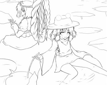 2girls date_hajime dress extra_eyes female_focus greyscale hairband lily_pad long_sleeves looking_at_viewer monochrome moriya_suwako multiple_girls river rock rope short_hair sitting soaking_feet sweater touhou water yasaka_kanako