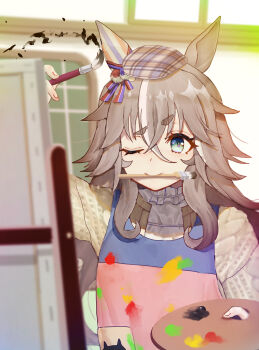 1girl absurdres animal_ears apron blue_eyes canvas_(object) cardigan commentary_request crossed_bangs ear_covers easel grey_hair hair_between_eyes hat highres holding holding_brush holding_paint_palette horse_ears horse_girl long_hair mouth_hold multicolored_hair no_uwazumi one_eye_closed paint paint_palette paintbrush painting_(action) pink_apron plaid_hat single_ear_cover solo streaked_hair umamusume upper_body white_hair wonder_acute_(umamusume) yellow_cardigan