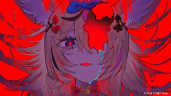 Rule 34 | 1girl, animal ear fluff, animal ears, black streaks, blonde hair, blue bow, bow, bowtie, braid, commentary request, copyright notice, cracked skin, crumbling, double-parted bangs, facial mark, fox ears, fox girl, glowing pupils, hair between eyes, hair bow, highres, hole in face, hole in head, hollow body, hololive, long hair, looking at viewer, mark under eye, marshmallow (vocaloid), multicolored hair, official art, omaru polka, pink streaks, purple eyes, red background, red bow, red bowtie, side braid, simple background, single braid, solo, streaked hair, tears, teeth, upper teeth only, virtual youtuber, yuuppi