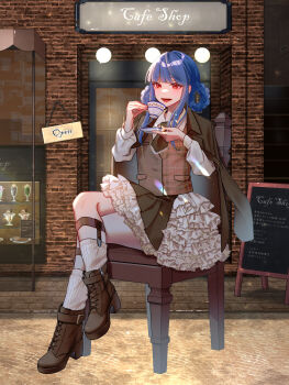 Rule 34 | 1girl, :d, aoi dialogue, ascot, blue hair, blunt bangs, brown ascot, brown jacket, brown shoes, brown skirt, brown vest, cafe, calf strap, chain paradox, chair, cup, frilled skirt, frills, full body, hair rings, highres, jacket, jacket on shoulders, long sleeves, loose socks, miya saka (tw), open mouth, red eyes, shoes, short hair with long locks, sitting, skirt, smile, socks, solo, teacup, vest, white socks