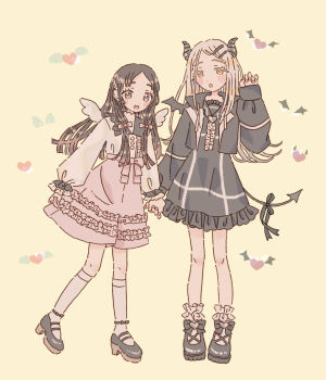 2girls angel_wings black_bow black_dress black_horns black_jacket black_ribbon black_shoes black_tail black_wings blonde_hair blunt_ends blush bouryoku_hantai bow brown_eyes brown_hair center_frills colored_eyelashes commentary_request demon_girl demon_horns demon_tail demon_wings dress flipped_hair footwear_bow frilled_dress frilled_shirt frilled_skirt frills full_body gakuen_idolmaster hand_up heart high-waist_skirt highres holding_hands horns idolmaster jacket kneehighs kuramoto_china long_hair long_sleeves looking_at_viewer multiple_girls open_clothes open_jacket open_mouth orange_eyes pink_bow pink_skirt platform_shoes puffy_long_sleeves puffy_sleeves ribbon shinosawa_hiro shirt shoes simple_background skirt socks standing tail tail_ornament tail_ribbon white_shirt white_socks white_wings wings yellow_background