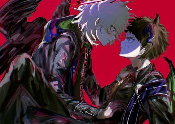 Rule 34 | 2boys, absurdres, black horns, black jacket, black pants, black wings, blush, brown hair, chain, chain leash, closed mouth, collar, commentary request, danganronpa (series), danganronpa 2: goodbye despair, from side, grey eyes, halo, hand on another's neck, highres, hinata hajime, hood, hood down, hooded jacket, horns, jacket, kashiba (iiiiii kasba), komaeda nagito, leash, long sleeves, looking at another, male focus, multiple boys, pants, red background, short hair, sweat, white hair, wings