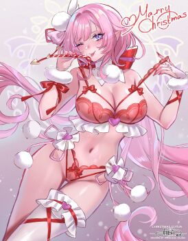 1girl ;p blue_eyes bra breasts candy candy_cane cleavage commentary elf elysia_(honkai_impact) food highres holding holding_candy holding_candy_cane holding_food honkai_(series) honkai_impact_3rd large_breasts long_hair merry_christmas navel one_eye_closed panties pink_hair pointy_ears princess_ailish red_bra red_panties signature single_thighhigh smile solo stomach thighhighs thighs tongue tongue_out underwear very_long_hair white_thighhighs