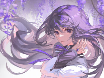 1girl akemi_homura black_capelet black_hairband bow bowtie capelet chinese_commentary collared_capelet colored_inner_hair commentary_request diamond_(gemstone) dress expressionless eyelashes floating_hair floral_background flower gem grey_capelet hair_between_eyes hair_intakes hairband hand_in_own_hair hand_jewel hei_yu highres layered_sleeves lips long_hair long_sleeves magical_girl mahou_shoujo_madoka_magica mahou_shoujo_madoka_magica_(anime) multicolored_hair parted_lips pointy_nose purple_bow purple_bowtie purple_eyes purple_flower purple_gemstone purple_hair solo two-tone_capelet upper_body very_long_hair white_background white_dress wisteria