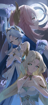 Rule 34 | 3girls, absurdres, aria (genshin impact), bare shoulders, blonde hair, blue hair, blue veil, breasts, canon (genshin impact), closed mouth, collarbone, commentary request, dress, genshin impact, hand on own chest, hand up, hands up, highres, light smile, long hair, looking at viewer, multiple girls, pink eyes, pink hair, siblings, sisters, smile, sonnet (genshin impact), usagi sakaki (tosaka), veil, very long hair, white dress