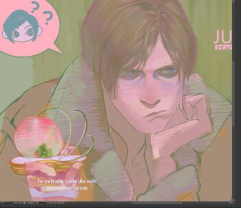 1boy 1girl ? ada_wong art_program_in_frame bags_under_eyes black_hair blonde_hair brown_jacket chibi chibi_inset frown fur-trimmed_jacket fur_trim head_on_hand image_in_speech_bubble jacket leon_s._kennedy parted_bangs peanut9021 resident_evil resident_evil_4 resident_evil_4_(remake) swept_bangs upper_body