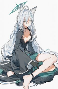 1girl absurdres ahoge animal_ear_fluff animal_ears ankleband bare_legs barefoot black_ankleband black_dress black_gloves blue_archive breasts cleavage collarbone cross_hair_ornament dated dress expressionless full_body gloves green_eyes hair_between_eyes hair_intakes hair_ornament halo highres long_dress long_hair looking_at_viewer plunging_neckline shiroko_terror_(blue_archive) signature simple_background sitting solo very_long_hair white_background white_hair yisjhui yokozuwari