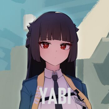 1girl akaika_(aka) black_hair black_necktie blunt_bangs bright_pupils chest_harness closed_mouth collared_shirt harness highres hoshimi_miyabi id_card jacket long_hair necktie no_animal_ears open_clothes open_jacket red_eyes shirt solo upper_body v-shaped_eyebrows white_pupils white_shirt wing_collar zenless_zone_zero