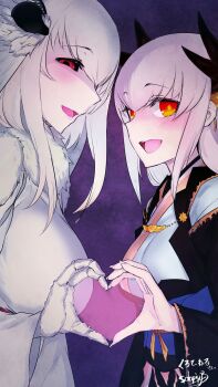 2girls :d arthropod_girl black_kimono blush colored_skin commission fate/grand_order fate_(series) fewer_digits fingernails half-closed_eyes heart heart_hands heart_hands_duo highres horns insect_girl insect_wings japanese_clothes kimono kiyohime_(fate) kiyohime_(third_ascension)_(fate) long_sleeves looking_at_viewer mashiro_(solopipb) moth_girl moth_wings multiple_girls nail_polish open_mouth orange_eyes original red_eyes sharp_fingernails sideways_glance signature skeb_commission smile solopipb white_hair white_kimono white_nails white_skin wings yandere