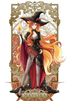 1girl alternate_costume black_dress black_hat black_pantyhose black_shoes blonde_hair breasts character_name cleavage dress earrings fingernails fire genshin_impact hair_between_eyes hand_up hashtag-only_commentary hat high_heels highres jewelry large_breasts long_dress long_hair long_sleeves looking_at_viewer mavuika_(genshin_impact) multicolored_hair pantyhose partially_submerged pyrokinesis red_eyes red_hair shoes solo standing symbol_in_eye very_long_hair white_background witch_hat yuchu_zyj19980429