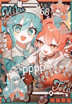 2girls :d aduma_tobari ahoge black_ribbon blue_eyes blue_hair blue_jacket blue_shoes blush_stickers character_name chibi chibi_inset closed_mouth commentary_request double-parted_bangs drill_hair grey_shirt grey_skirt hair_between_eyes hatsune_miku highres jacket kasane_teto long_hair long_sleeves looking_at_viewer multiple_girls neck_ribbon open_mouth pppp_(vocaloid) red_eyes red_hair red_jacket red_shoes ribbon score shirt shoes short_hair skirt sleeves_past_fingers sleeves_past_wrists smile song_name standing twin_drills twintails utau v-shaped_eyebrows vocaloid