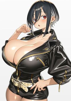 Rule 34 | 1girl, absurdres, bachumaro xo, belt, black choker, black hair, black jacket, blush, breasts, choker, cleavage, collarbone, commentary request, grey background, hand on own hip, highres, jacket, large breasts, leather, leather jacket, looking at viewer, multicolored hair, open mouth, original, partially unzipped, red eyes, short hair, sidelocks, simple background, solo, standing, two-tone hair, white hair
