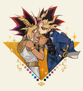 2boys absurdres ancient_egyptian_clothes ankh atem belt belt_buckle black_belt black_jacket black_shirt blonde_hair blue_pants bracelet buckle chinese_commentary closed_mouth commentary_request cropped_legs dark-skinned_male dark_skin dual_persona grey_background highres holding jacket jewelry looking_at_another male_focus millennium_puzzle multicolored_hair multiple_belts multiple_boys open_clothes open_jacket pants red_eyes red_hair robe saka_nagiya shirt smile sparkle spiked_hair white_robe yami_yugi yu-gi-oh! yu-gi-oh!_duel_monsters