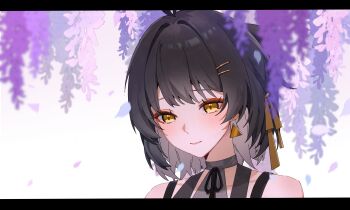 Rule 34 | 1girl, absurdres, bare shoulders, black hair, chinese commentary, colored inner hair, commentary request, earrings, female rover (wuthering waves), hair ornament, hair ribbon, hairclip, highres, jewelry, letterboxed, multicolored hair, parallel hairclips, portrait, ribbon, rover (wuthering waves), tearing up, triangle earrings, white hair, wuthering waves, yellow eyes, yellow ribbon, youmiao oxo