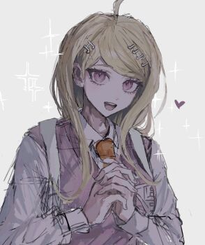 1girl ahoge akamatsu_kaede blonde_hair breasts collared_shirt commentary_request danganronpa_(series) danganronpa_v3:_killing_harmony fortissimo hair_ornament heart large_breasts long_hair long_sleeves looking_at_viewer musical_note musical_note_hair_ornament necktie own_hands_clasped own_hands_together pink_sweater_vest shirt smile sweater_vest to_shio_pipon vest white_shirt