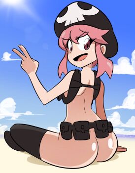 1girl ass backboob beach belt belt_pouch blue_sky bottomless breasts chest_harness cloud crossed_legs dimples_of_venus from_behind harness hat highres holster jakuzure_nonon joshin kill_la_kill looking_at_viewer looking_back naked_belt nudist nudist_beach_uniform open_mouth outdoors pink_eyes pink_hair pouch sand shiny_skin short_hair shoulder_holster sidelocks sitting skull_print sky small_breasts smile solo sun sunlight thighhighs utility_belt v