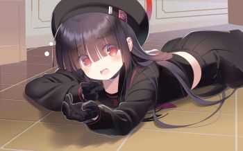 1girl absurdres aiming back_peek beret black_choker black_gloves black_hair black_hat black_sailor_collar black_serafuku black_skirt blue_archive blunt_bangs blush choker collarbone eyes_visible_through_hair feet_out_of_frame flustered flying_sweatdrops gloves hair_over_eyes halo hat highres indoors justice_task_force_member_(blue_archive) long_hair long_sleeves looking_at_viewer lying neckerchief official_art on_floor on_stomach open_mouth pleated_skirt red_eyes red_halo red_neckerchief sailor_collar santa_matsuri school_uniform serafuku sidelocks skirt solo tareme trinity_general_school_logo unusually_open_eyes wavy_mouth